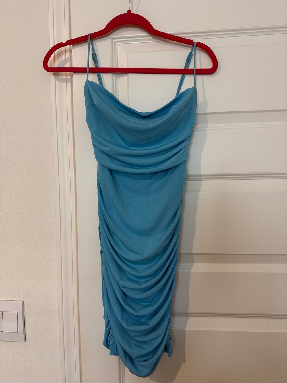Selfie Leslie Teal Blue Ruched Cowl Midi Slip Dress